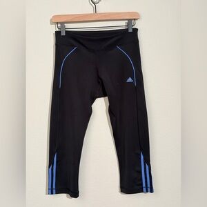 Adidas Black Cropped Leggings With Blue Stripe Size M Capri
